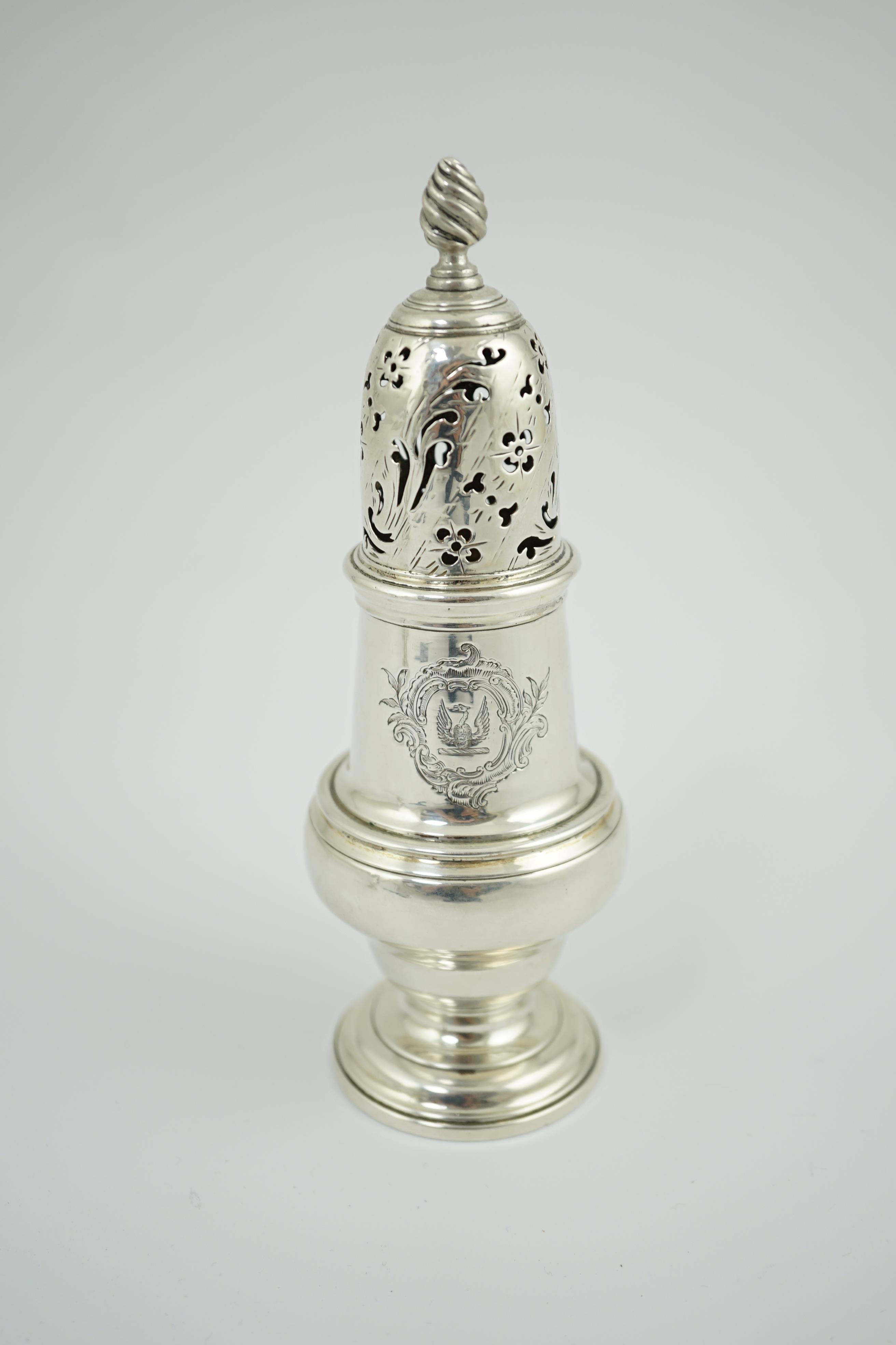 An early George III silver baluster sugar caster, by John Delmester